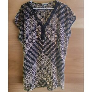 AVA & VIV SZ 1X Womens Top‎ Tunic Blouse Crochet Trim V-Neck Chiffon Houndstooth